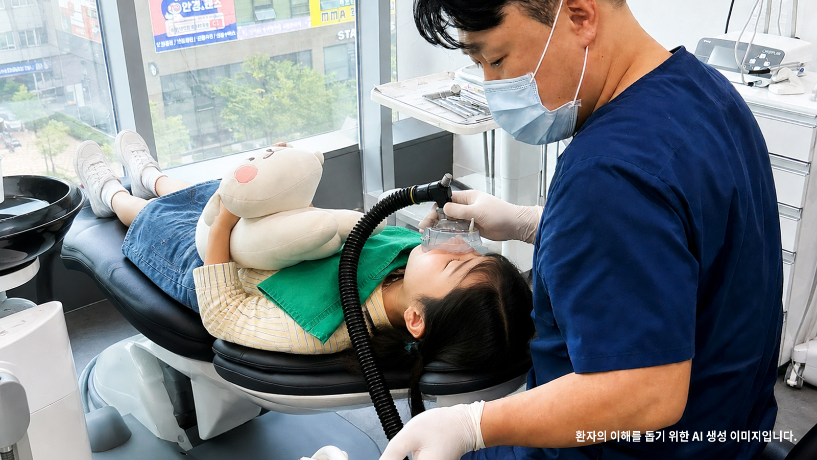 웃음가스 진정을 앞둔 아이에게 코 마스크를 설명하는 더새로운치과 강민구 원장